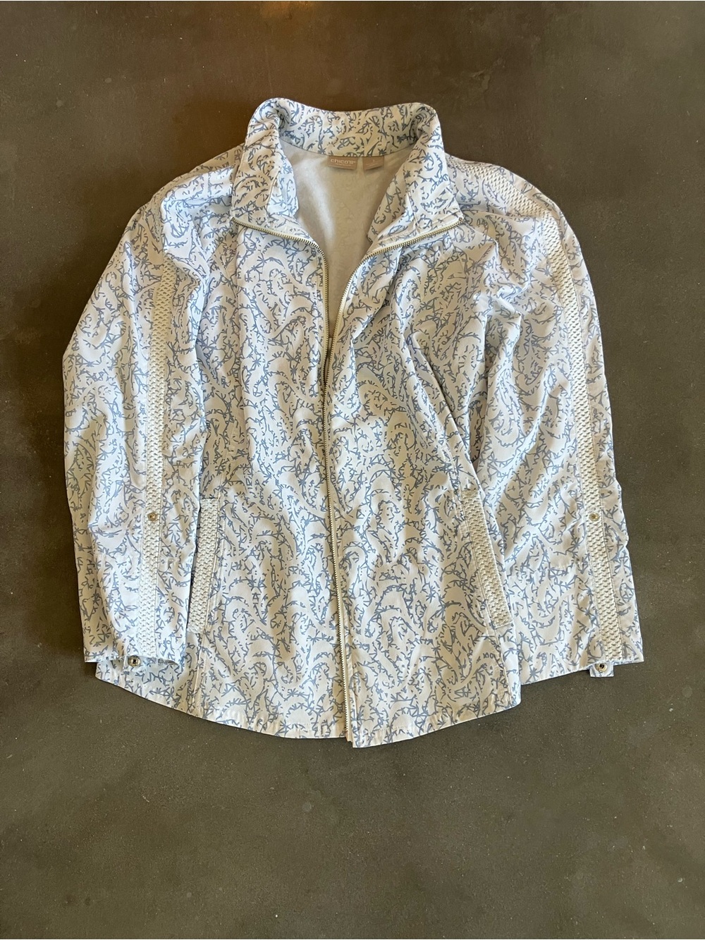 Chico's Light Blue and White Printed Zip-Front Jacket